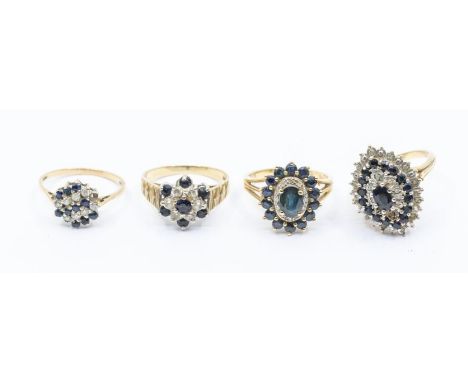 A collection of stone set 9ct gold dress rings, including a sapphire and diamond oval cluster, size O, a marquise shaped sapp