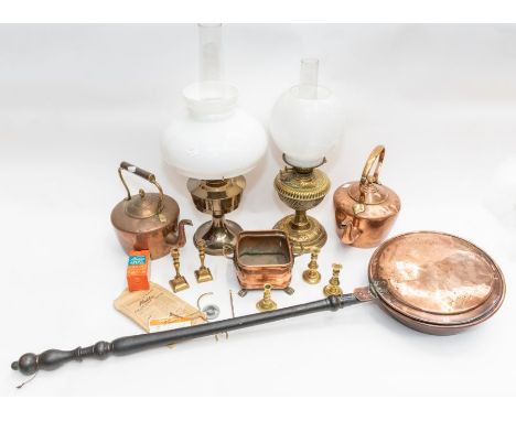 A Eltrex lamp, an Aladdin lamp and a collection of brass and copper items to include warming pan, two kettles, a footed dish 