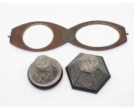 Two mid 20th Century base metal inkwells - one Chinese with bottle intact and on Japanese a/f with no bottle - along with an 