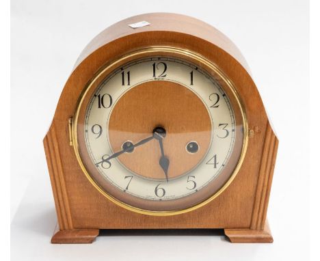 A mantle clock with 2 train movement, chiming on gongs, 6" dial, Arabic numerals, Art Deco style case