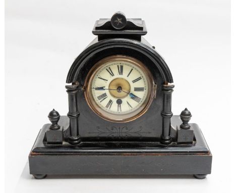 German black ebonised single train mantle clock with two piece 4" dial, turned pillars to case and finials, German wall clock