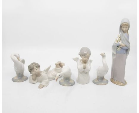 Six Lladro figures of geese, children and young lady, along with Nao table lamp