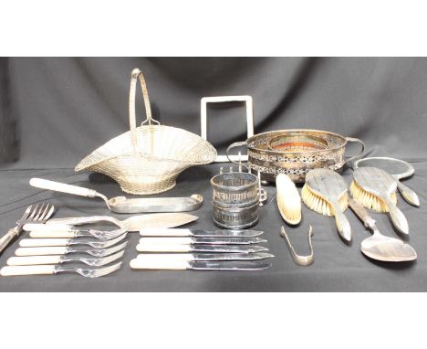 An engine turned silver dressing table set, together with a collection of assorted silver plated items, including a bread bas