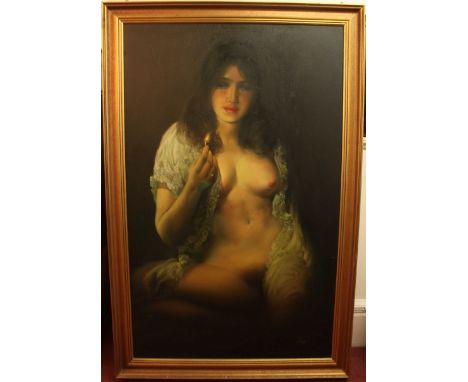 Oriental school - a large nude portrait of a young lady crying and holding a burning match, signed indistinctly, oil on canva