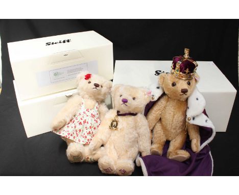 Three modern Steiff teddy bears - A King bear with working growler, a Royal Chelsea Flower Show bear, and a vanilla coloured 