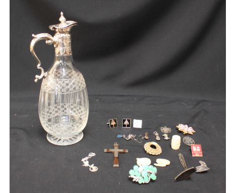 A cut-glass decanter with silver-plated handle and cover, together with a small quantity of silver jewellery and costume jewe