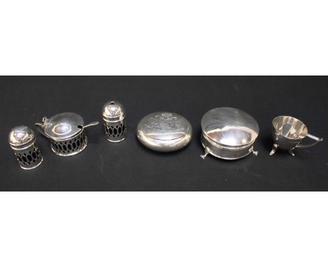 A small silver cup, silver casket and a silver snuff box with engraved lid together with a three piece silver- plated condime