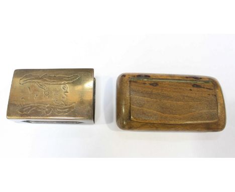 A trench art Ypres matchbox cover together with a small wooden snuffbox. 