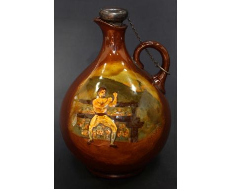 A very rare "Dan Mendoza" Royal Doulton Kingsware globular pottery flask, one side with a picture of the famous 18th century 