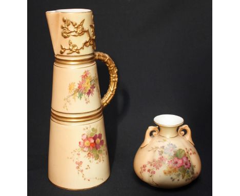 Two items of Royal Worcester including a small vase and a tapered cylindrical jug, both decorated with floral designs.