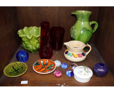 SECTION 42 - A small quantity of assorted ceramics and glass items including a Bretby jardiniere, various art pottery vases, 