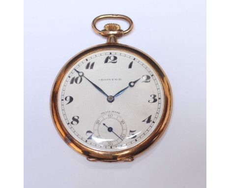 A 9ct gold Grosvenor Swiss open face pocket watch, the engine turned dial with black Arabic numerals and subsidiary seconds d