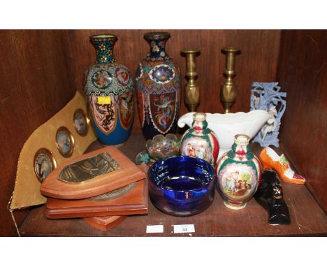 SECTION 33. Two large cloisonne vases, cup and saucer, together with a pair of Vienna porcelain vases, pair of brass candlest