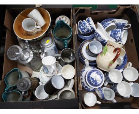 A good lot to include two boxes of mixed ceramics comprising Churchills blue and white, plates, cups, saucers, tea pot and si