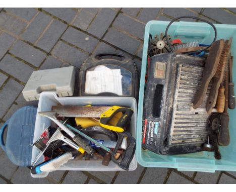 Two boxes containing a mixed lot of hand tools, a craft drill, a hand sander and similar (qty)