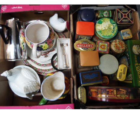 A good lot to include a box of approx 18 advertising tins, three meat plates, Royal Commemorative plate, two decorative jugs,