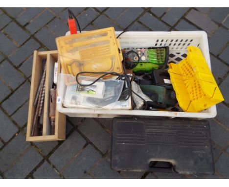 A quantity of tools to include a laser toolkit, a Black and Decker wallpaper stripper, drill parts, other electrical hand too