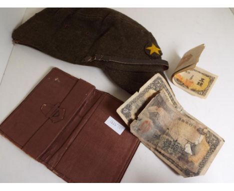 World War Two (WW2) - a Japanese Imperial Army enlisted man cap with applied yellow star patch and a wallet containing a smal