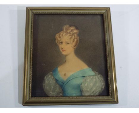 Adam Buck - a pencil and watercolour of a lady wearing a light blue dress with lace sleeves, signed lower left by the artist 