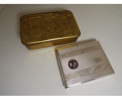 World War One (WW1) - a Christmas tin 1914 issued to British troops by Princess Mary and a white metal cigarette case with ap