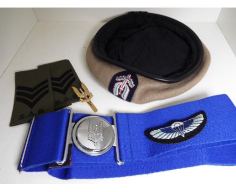 Special Air Service SAS - a beret with patch badge, blue belt with buckle, cap badge and other patches - NOTE: Please read 'I