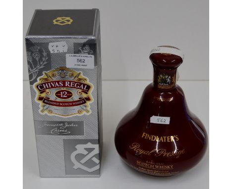 BOTTLE OF CHIVAS REGAL 12 YEAR OLD BLENDED SCOTCH WHISKY IN BOX, 75CL, FINDLATERS ROYAL PRESTIGE WHISKY DECANTER 70CL     