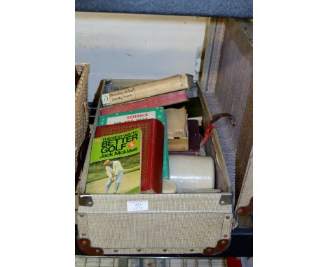 VINTAGE CASE CONTAINING BOOKS, CERAMIC BOTTLES ETC     