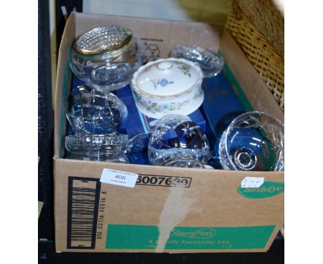 BOX CONTAINING CUT CRYSTAL GLASSES, AYNSLEY DISH, TABLE CUTLERY, ROYAL WORCESTER CAKE PLATE ETC     