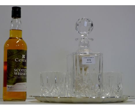 PLATED SALVER, CUT CRYSTAL DECANTER WITH SET OF 4 TUMBLERS TOGETHER WITH A BOTTLE OF CELTIC SCOTCH WHISKY - 70CL, 40% VOL    