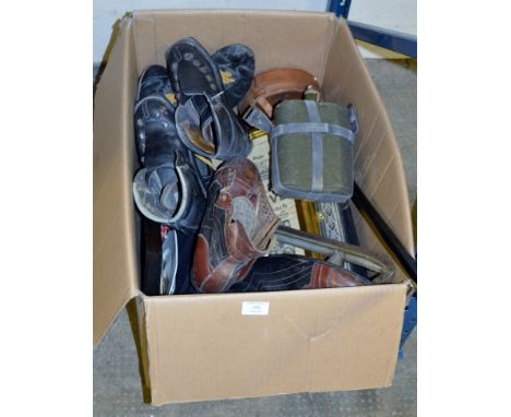 BOX CONTAINING ICE SKATES, WALKING STICK, WATER CANTEEN, COLLAR BOX, FRAMED PICTURES ETC     