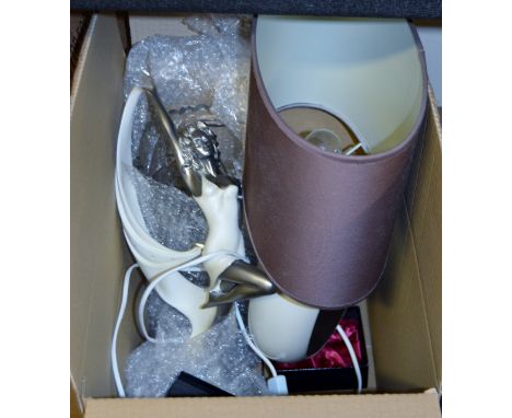 BOX CONTAINING FIGURINE ORNAMENT, TABLE LAMP, CUT CRYSTAL VASE ETC     