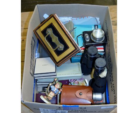 BOX CONTAINING BINOCULARS, HIP FLASK, HUMMEL FIGURINE ORNAMENT, DARTS ETC     