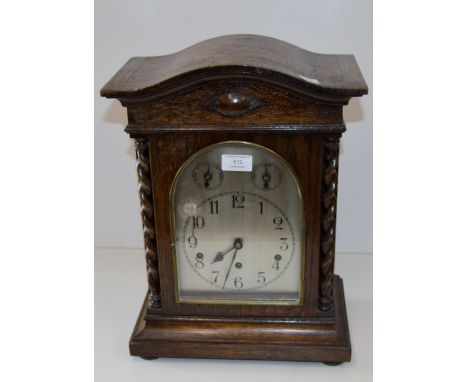 LARGE OAK GERMAN BRACKET CLOCK WITH SILVER FACE AND BARLEY TWIST COLUMNS     