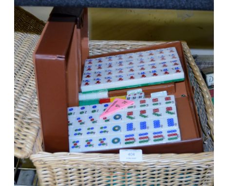 WICKER HAMPER WITH VARIOUS SETS OF PLAYING CARDS, MODERN MAH-JONG SET ETC     