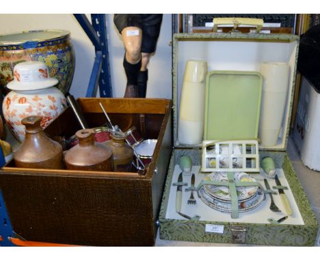 VINTAGE PICNIC SET & BOX WITH CERAMIC BOTTLES, MINIATURE DRUMS ETC     