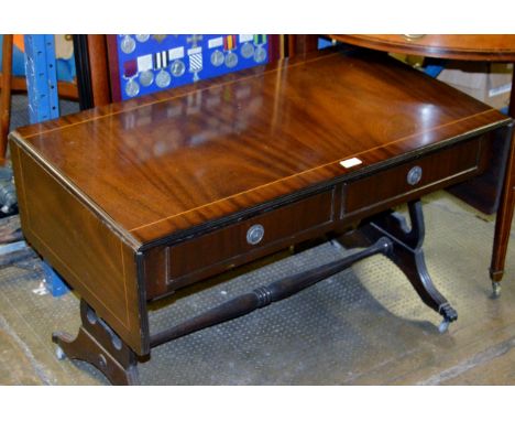 REPRODUCTION INLAID MAHOGANY DROP LEAF SOFA TABLE WITH 2 DRAWERS     