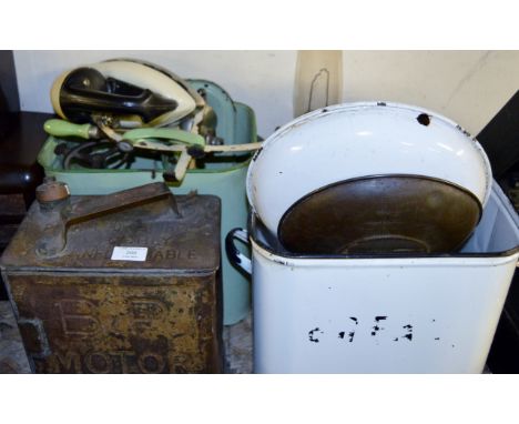 OLD BP FUEL CAN, PARAFFIN LAMP, 2 ENAMEL BREADBINS, KITCHEN SCALES ETC     
