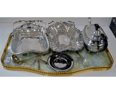 TRAY CONTAINING SHEFFIELD PLATE LOOP HANDLED BASKET AND DISH, TEAPOT, SAUCE LADLE ETC     