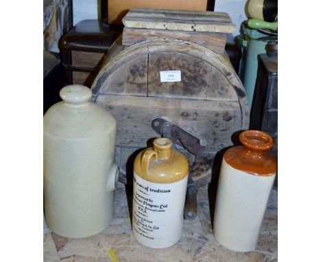 WOODEN BUTTER CHURN & 3 VARIOUS CERAMIC BOTTLES     