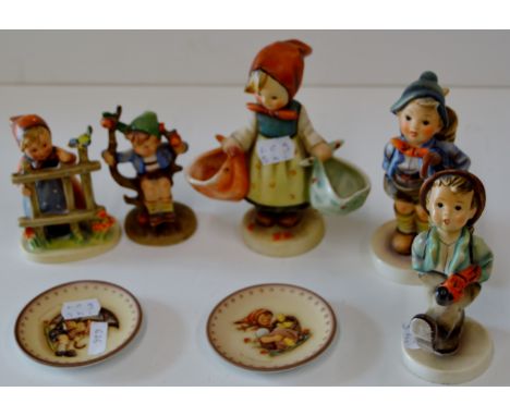 GROUP OF 5 GOEBEL FIGURINES AND 3 SMALL PIN DISHES WITH REPAIRS     