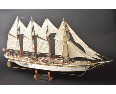 *Model Ship. Wooden scale model ship of 'Juan Sebastian Elcano',  with four fully rigged sails, deck fittings, life rafts, wh