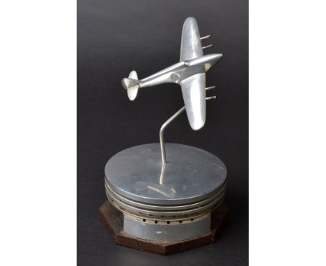 *Desktop Model. WWII aluminium model of a Hawker Hurricane,  16.5cm wingspan, mounted on a Merlin engine piston base with woo