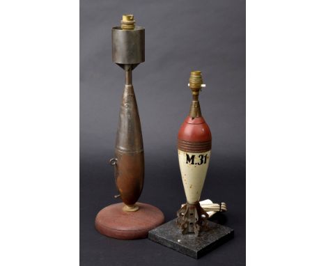 *Inert Bomb Lamps. Unusual RAF table lamp,  made from a bomb, stamped '11 ¢ LB I PL'40', mounted on a circular wooden base, 5