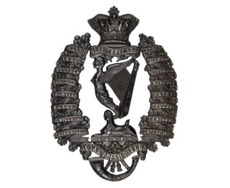 *The Royal Irish Rifles. Victorian Officer's helmet plate,  anodised with Maid of Erin Irish harp surrounded by Battle Honour