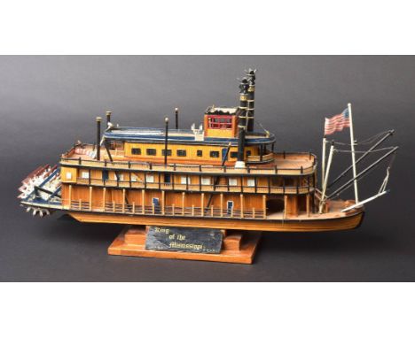 *Model Ship. Wooden scale model of the paddle steamer 'King of the Mississippi',  with deck fittings and iconic wheel paddles