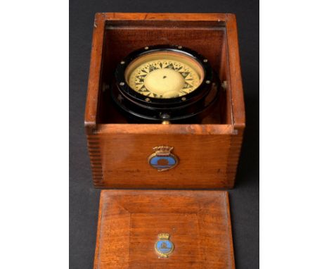 *WWII period compass,  the wooden box bearing the naval crest of Royal Naval Mine Sweepers, the sliding lid opening to reveal