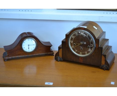 An Art Deco walnut mantel clock, c.1930;  another, mahogany (2)