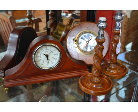 Treen - a pair of oak candlesticks;  a Plastimo Ships Time bulkhead clock;  a mantel clock (4)