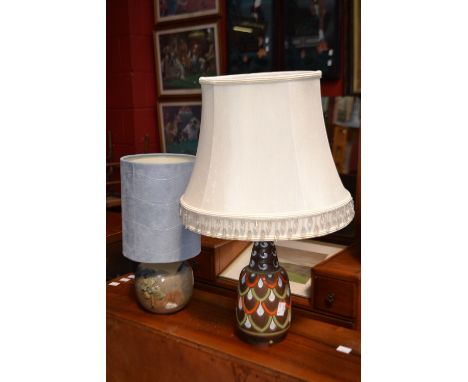 A Continental porcelain lamp stand, decorated with flowers on a cobalt blue ground, picked out in gilt;  a Scottish pottery g