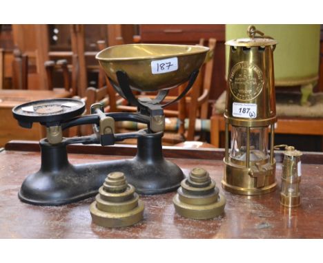 A Victor scales and weights; brass minors lamps (3) 